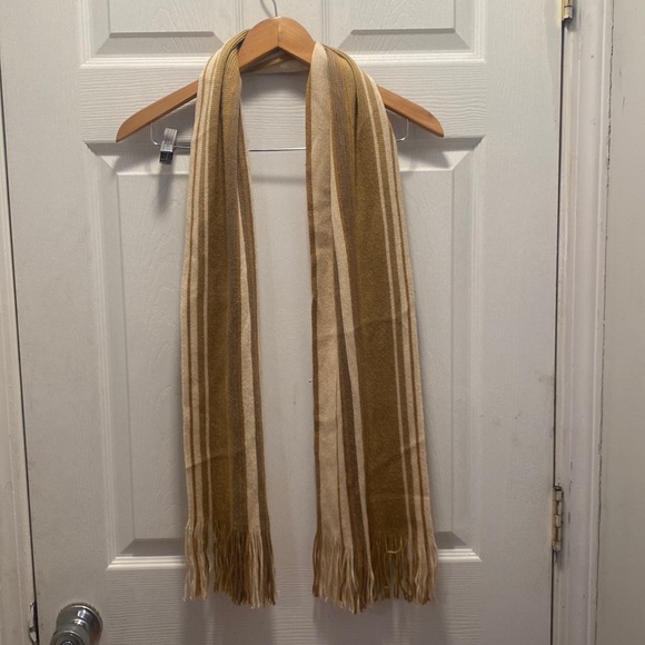Lambswool Accessories - Lambswool brown striped fringe detail wool scarf